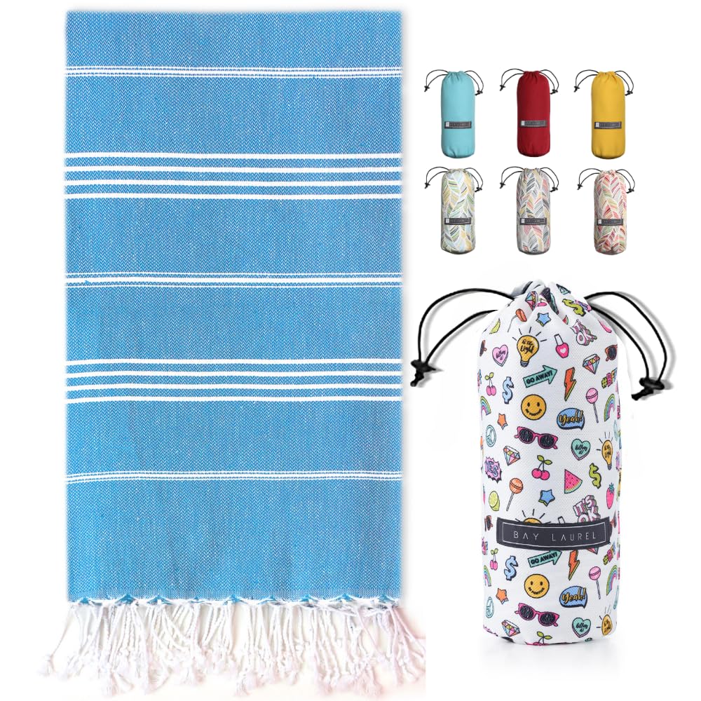 BAY LAUREL Turkish Beach Towel with Travel Bag 39 x 71 Quick Dry Sand Free Lightweight Large Oversized Towels Light