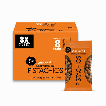 Wonderful Pistachios No Shells, Smokey Barbeque Nuts, 2.25 Ounce Bag (Pack Of 8), Protein Snack, Gluten Free, On-the-Go Snack