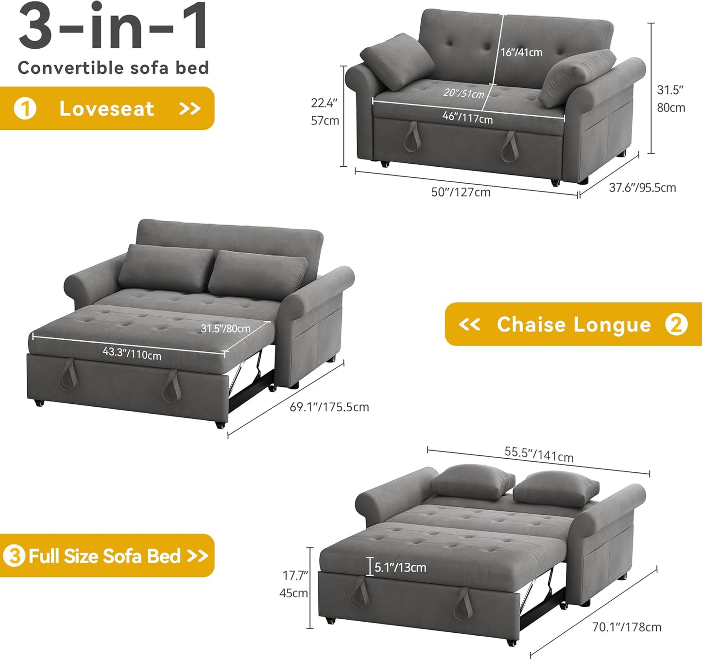 YITAHOME Sleeper Sofa Bed 3-in-1 Convertible Couch with Pullout Bed, Reclining Backrest, Storage Pockets, Modern Space Lounge Furniture for Living Room, Includes Toss Pillows, Grey