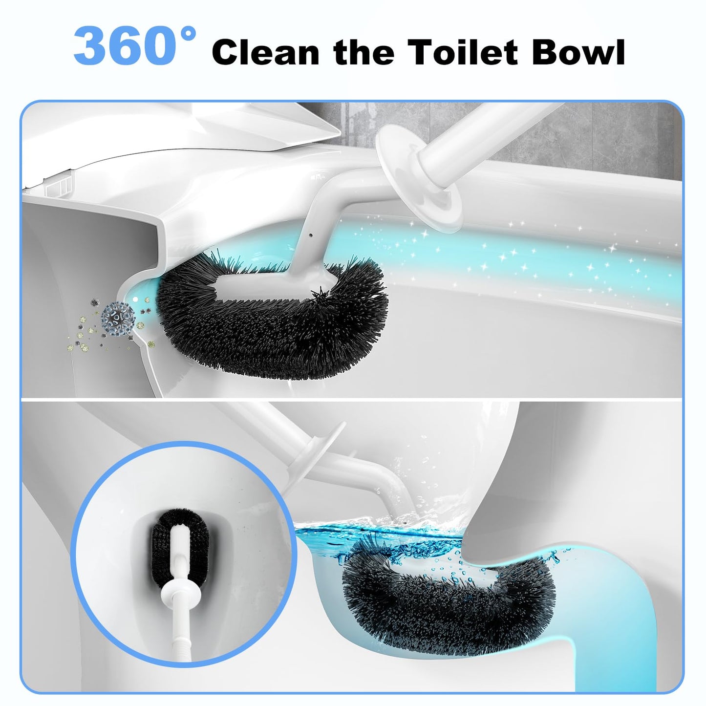 HAMITOR Toilet Bowl Brush Holder Set: Curved Design with Holder for Deep Cleaning Under Rim - Compact Hidden Scrubber for Small Space - Modern RV Bathroom Accessories - White