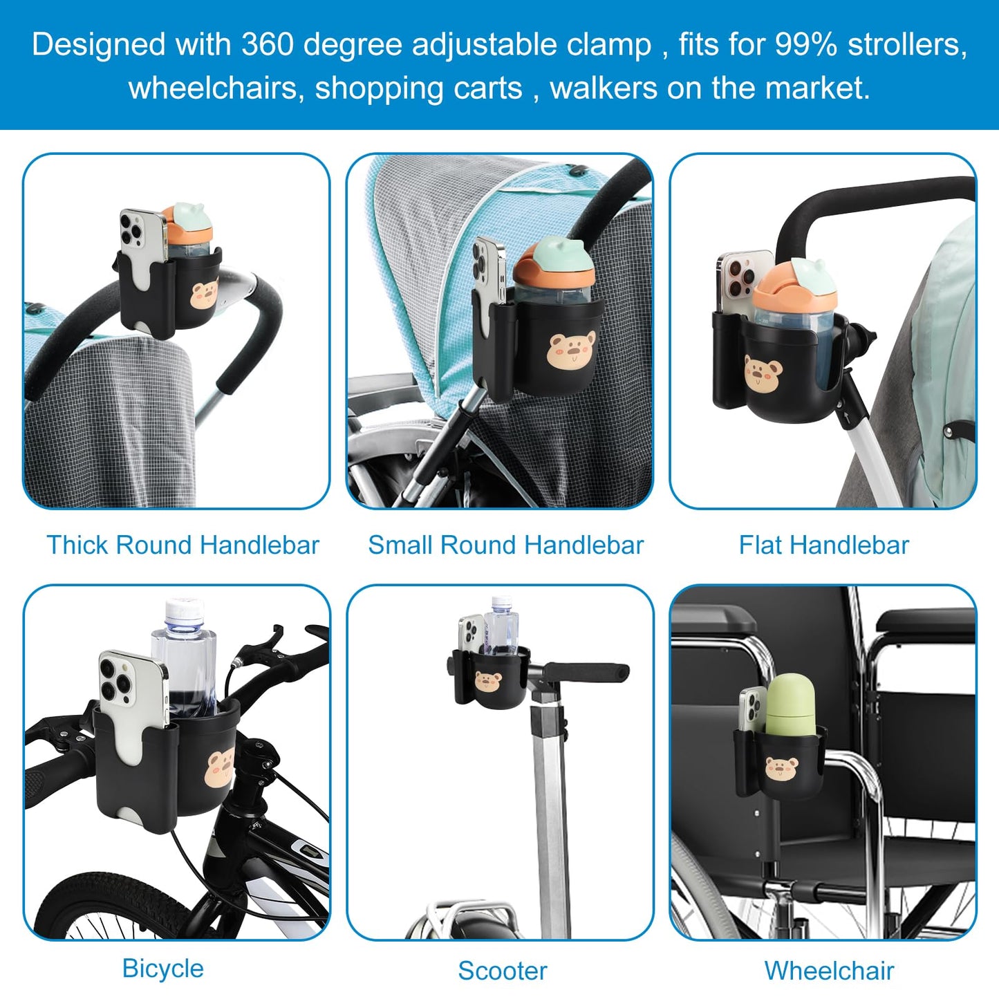 Accmor Stroller Cup Holder with Phone Holder, Bike Cup Holder, Universal Cup Holder for Uppababy Nuna Doona Strollers, 2-in-1 Cup Phone Holder for Stroller, Bike, Wheelchair, Walker, Scooter