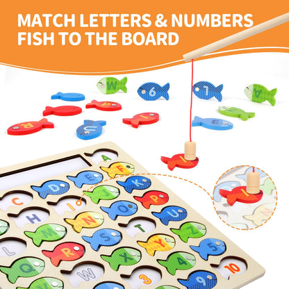 Wooden Magnetic Fishing Game for Toddlers, Montessori Fine Motor Skills Toy with Letters and Numbers, Preschool Learning ABC and Puzzle Birthday Toys Gift for 3 4 5+ Year Old Kids(2 Poles)