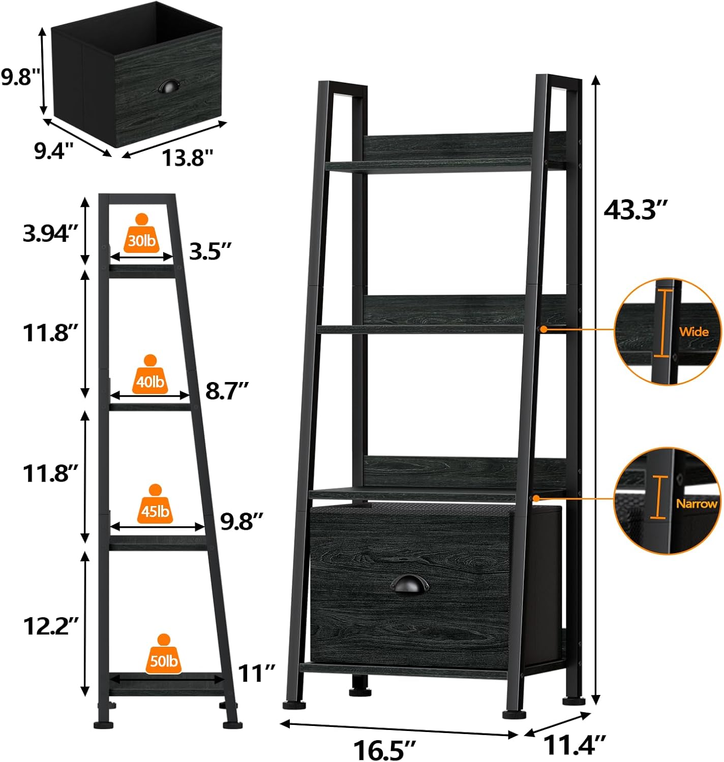 Furologee 4-Tier Ladder Shelf, Ladder Bookshelf with Removable Drawer, Bookcase Storage Rack Organizer, Freestanding Storage Shelves for Living Room, Home Office, Bedroom, Black Oak