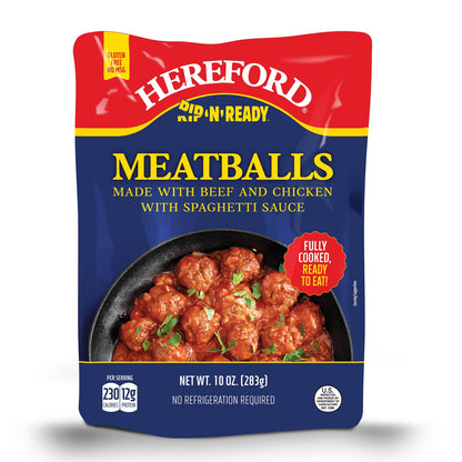 Hereford Meatballs with Spaghetti Sauce | Shelf Stable | Fully Cooked | Ready to Eat | 12g Protein per Serving | 10oz per Pouch (Case of 12)