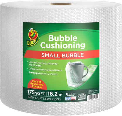 Duck Brand Small Bubble Cushioning Wrap for Moving & Shipping - 175 FT Bubble Packing Wrap for Extra Protection Packaging Boxes & Mailers - Clear Bubble Roll Moving Supplies, Perforated Every 12 IN