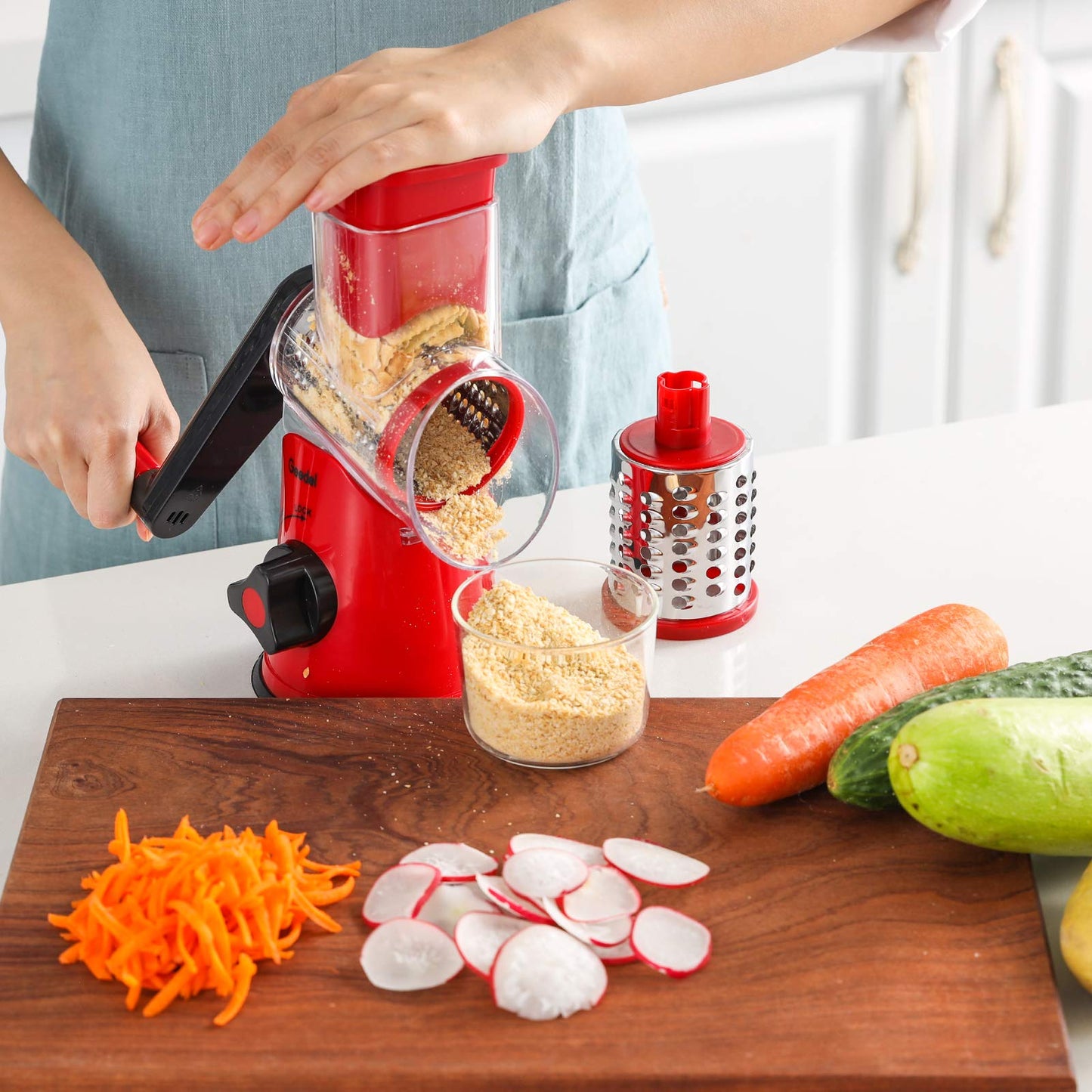 Geedel Rotary Cheese Grater, Kitchen Mandoline Vegetable Slicer with 3 Interchangeable Blades, Easy to Clean Grater for Fruit, Vegetables, Nuts