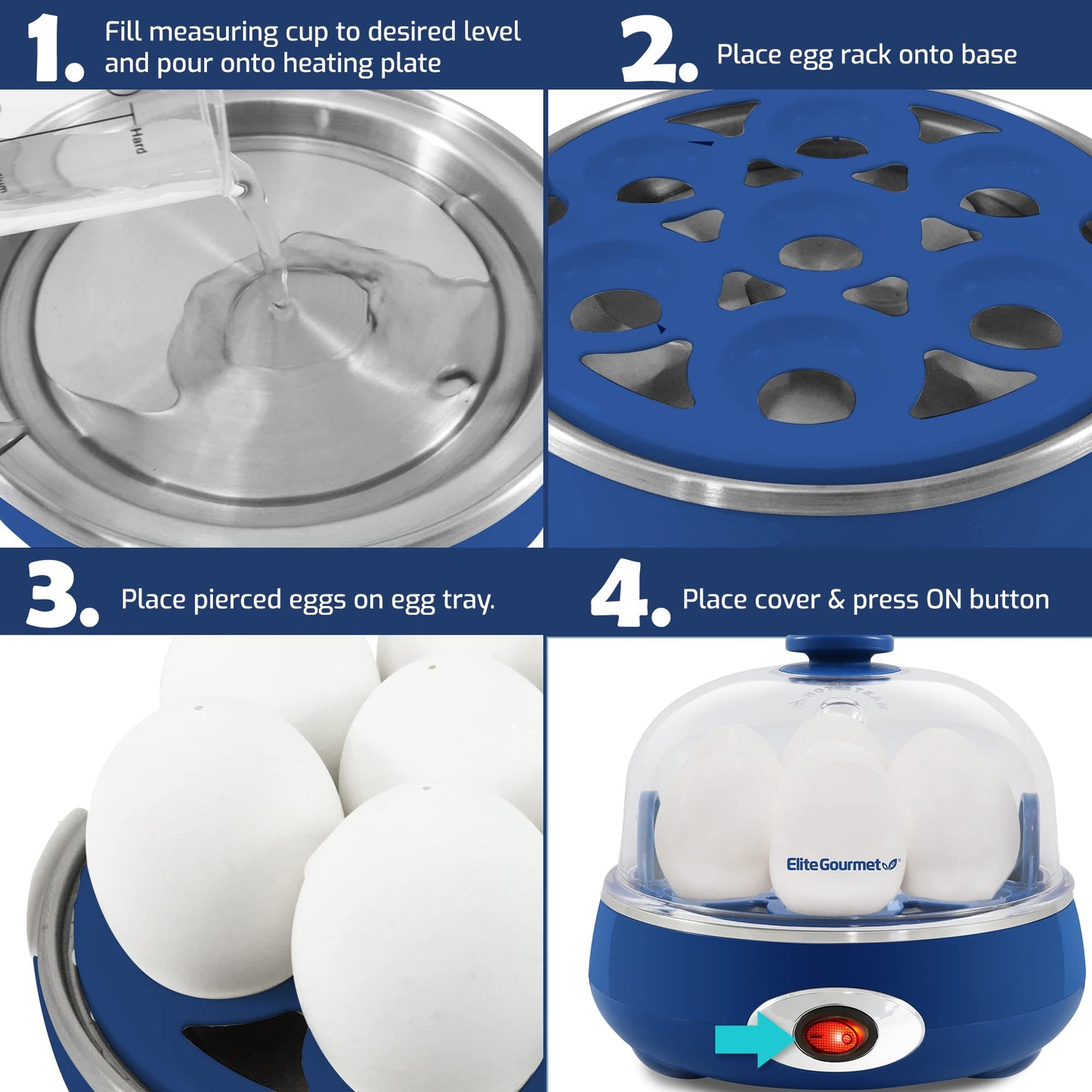 Elite Gourmet EGC322CBL Easy Egg Cooker Electric 7-Egg Capacity, Soft, Medium, Hard-Boiled Egg Cooker with Auto Shut-Off, Measuring Cup Included, BPA Free, Classic Blue