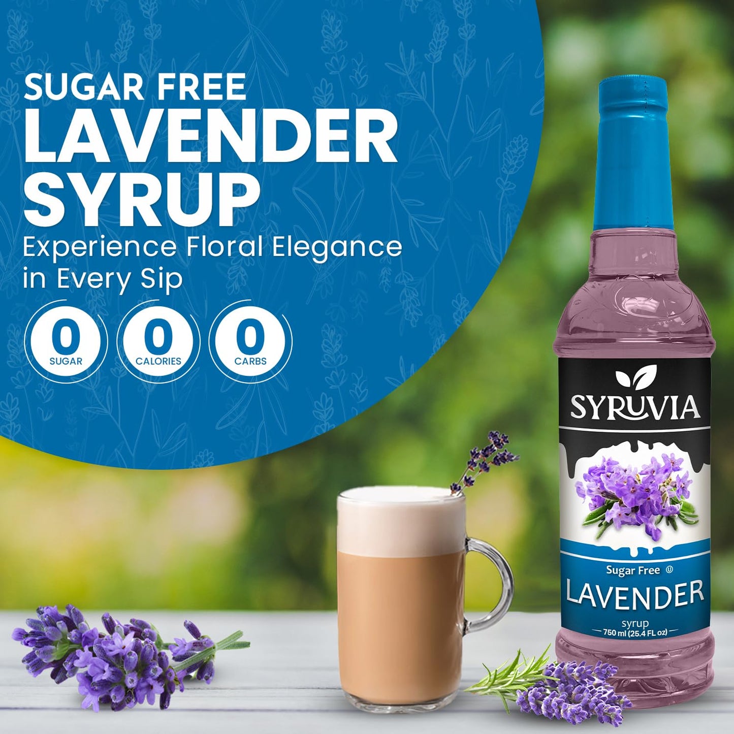 Syruvia Sugar-Free Lavender Syrup (25.4 fl oz) - Delicate Floral Bliss with Zero Added Sugar – Kosher, Gluten-Free, Perfect for Enhancing Beverages, Desserts, and Culinary Creations