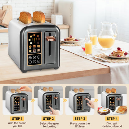 SEEDEEM Toaster 2 Slice, Stainless Toaster LCD Display&Touch Buttons, 50% Faster Heating Speed, 6 Bread Selection, 7 Shade Setting, 1.5''Wide Slot, Removable Crumb Tray, 1350W, Dark Metallic