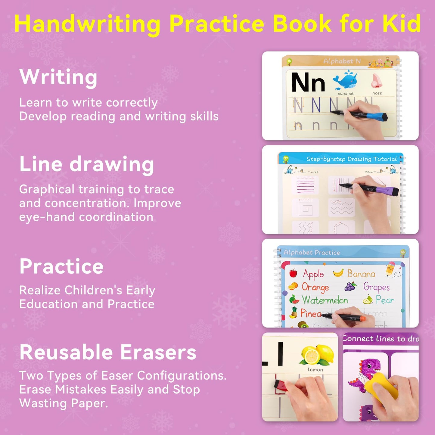 64 Pages Handwriting Practice Book for Kids, Toddler Preschool Learning Tracing Workbook Alphabet Numbers Busy Activity Dry Erase,Kindergarden Educational Games Toys 3-8,12 Markers,2 Erasers