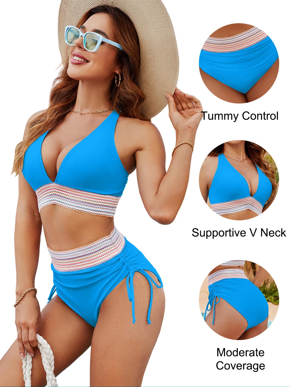 Blooming Jelly Women High Waisted Bikini Sets Tummy Control Swimsuits Color Block Two Piece Drawstring Bathing Suit