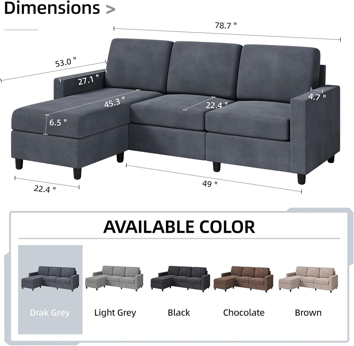 Shintenchi 79 Inch Convertible Sectional Sofa Couch, Modern Linen Fabric L-Shaped , 3-Seat Sofa Sectional with Reversible Chaise for Living Room, Apartment and Small Space (Dark Grey)