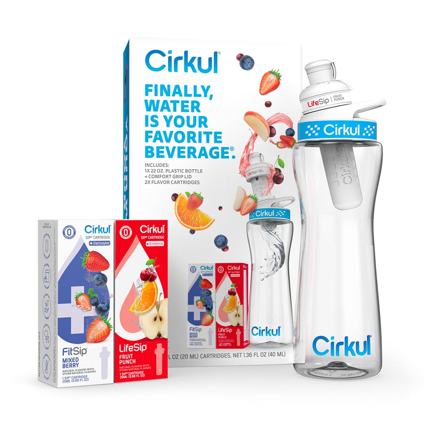 Cirkul Water Bottle + 2 Flavor Cartridge Starter Kit – 22 oz. BPA-Free Plastic Reusable Bottle & Blue Lid, LifeSip Fruit Punch w/B-Vitamins, FitSip Mixed Berry w/Electrolytes (Zero Calorie/No Sugar)