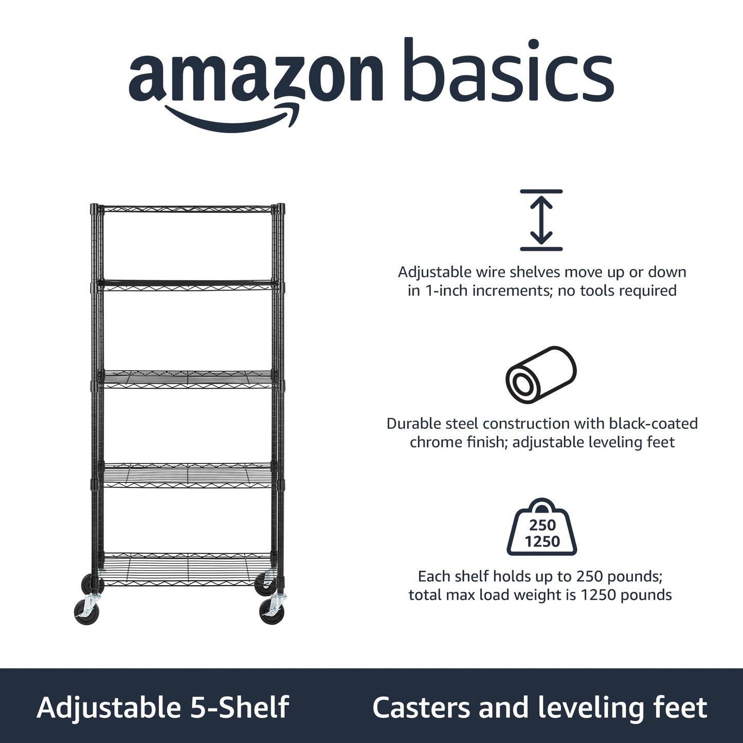 Amazon Basics 3-Shelf Adjustable, Heavy Duty Storage Shelving Unit (250 lbs loading capacity per shelf), Steel Organizer Wire Rack, 23.2"L x 13.4"W x 30"H, Black