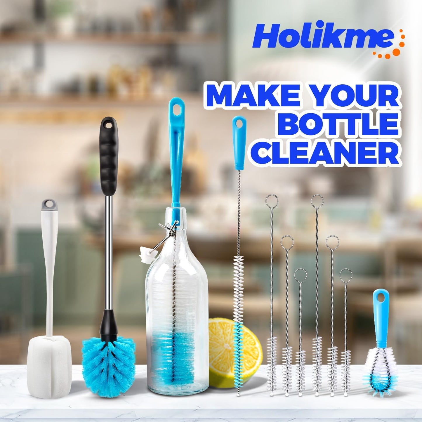 Holikme Bottle Brush Tube Cleaning Set, Long Handle Bottle Cleaner for Washing Narrow Neck Beer Bottles Wine Decanter Narrow Cup Pipes Sinks Cup Cover, White