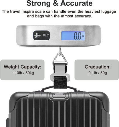 travel inspira Luggage Scale, Portable Digital Hanging Baggage Scale for Travel, Suitcase Weight Scale with Rubber Paint, 110 Pounds, Battery Included