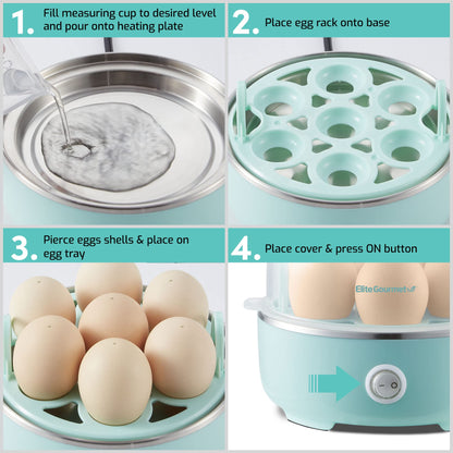 Elite Gourmet EGC322CBL Easy Egg Cooker Electric 7-Egg Capacity, Soft, Medium, Hard-Boiled Egg Cooker with Auto Shut-Off, Measuring Cup Included, BPA Free, Classic Blue