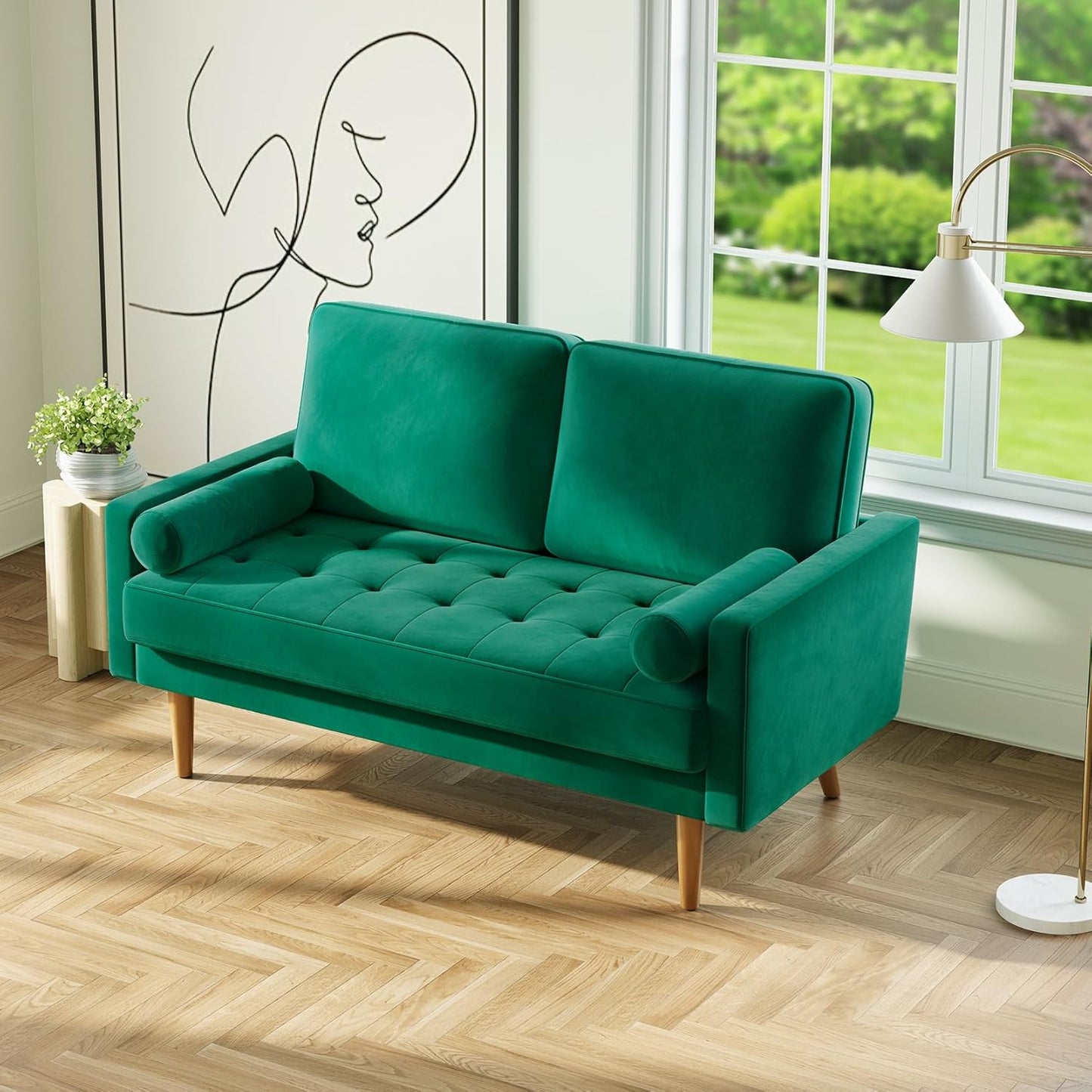 Vesgantti Loveseat Sofa, 58" Green Velvet Couch Small Couch Love Seat Sofa with Tufted Seat, Mid Century Modern Couch for Living Room, Bedroom, Office, Apartment (58 Inch, Green)