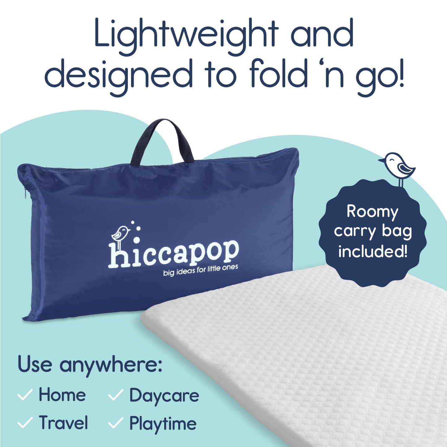 hiccapop Pack and Play Mattress Pad for (38"x26"x1.5"), Playpen Pad, Playard Mattress for Pack and Play, Pack N Play Mattress Topper with Carry Bag and Washable Cover, 1.5" Thick