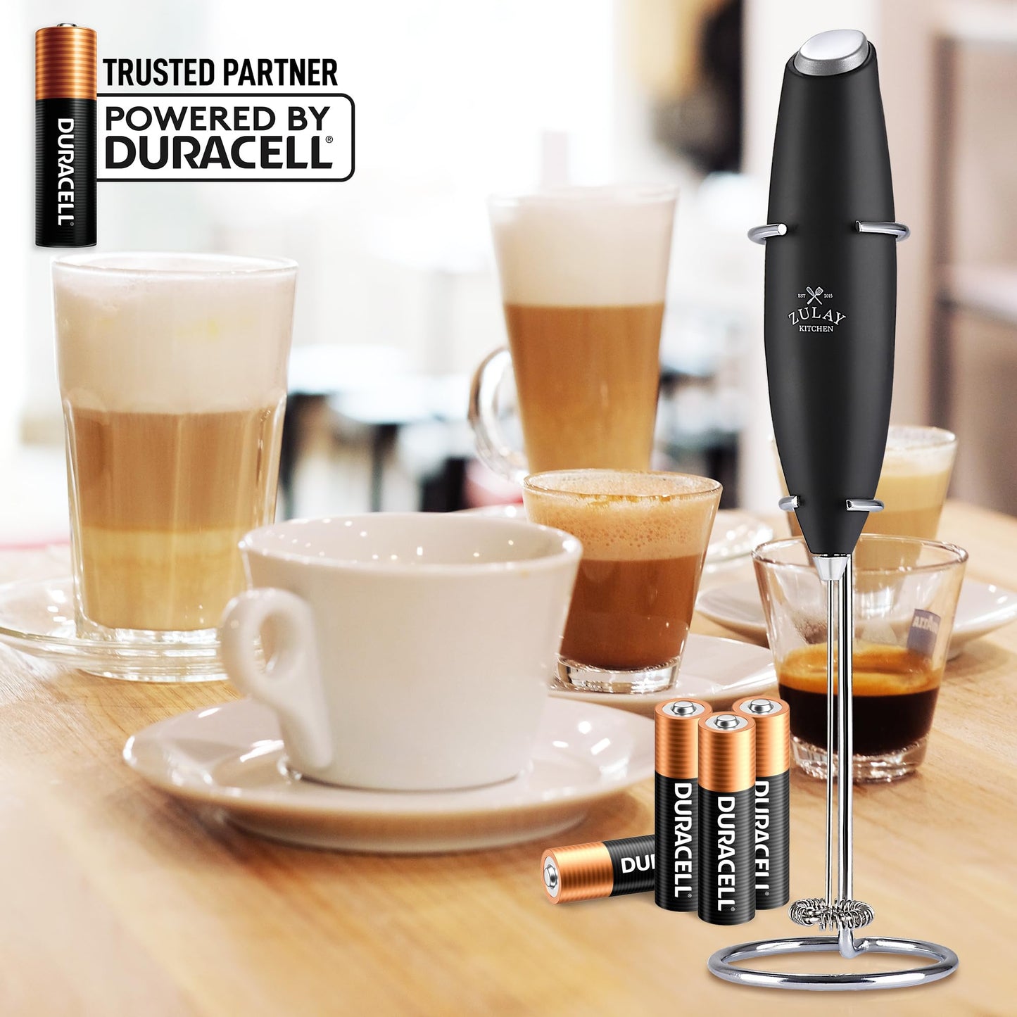 Zulay Powerful Milk Frother (4 Duracell Batteries Included) - Handheld Milk Frother Wand Drink Mixer for Coffee - Powerful Milk Foamer for Cappuccino, Frappe, Matcha & Coffee Creamer - Black