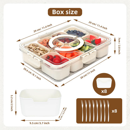 Snackle Box Charcuterie Container- Divided Serving Tray with Lid and Handle- Clear Plastic Portable Snack Box with 8 Compartment for Fruit, Veggie, Candy, Nuts, Picnic, Travel, Entertaining