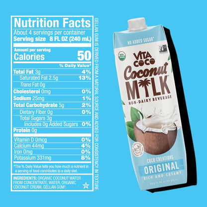 Vita Coco Original Organic Coconut Milk, Plant Based, Dairy Free Milk Alternative - Gluten Free, Soy Free, and Unsweetened, No Added Sugar - Perfect Add to Cereal, Smoothies, Desserts - 33.8 Ounce (Pack of 6)