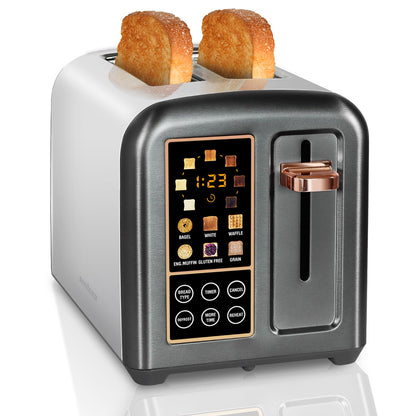 SEEDEEM Toaster 2 Slice, Stainless Toaster LCD Display&Touch Buttons, 50% Faster Heating Speed, 6 Bread Selection, 7 Shade Setting, 1.5''Wide Slot, Removable Crumb Tray, 1350W, Dark Metallic