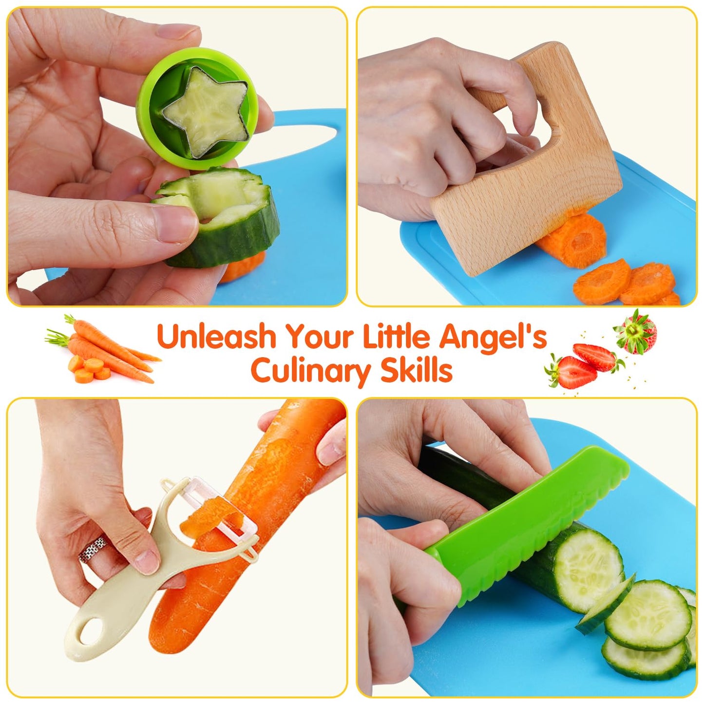 Kids Knife Set for Real Cooking Toddler Kitchen Tools Include 4 Serrated Edges Plastic Safe Knives,Crinkle Cutter Y Peeler Cutting Boards Wood Kids Knife, Kitchen Gloves, Fruit Forks and Dough Cutters