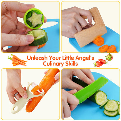 Kids Knife Set for Real Cooking Toddler Kitchen Tools Include 4 Serrated Edges Plastic Safe Knives,Crinkle Cutter Y Peeler Cutting Boards Wood Kids Knife, Kitchen Gloves, Fruit Forks and Dough Cutters