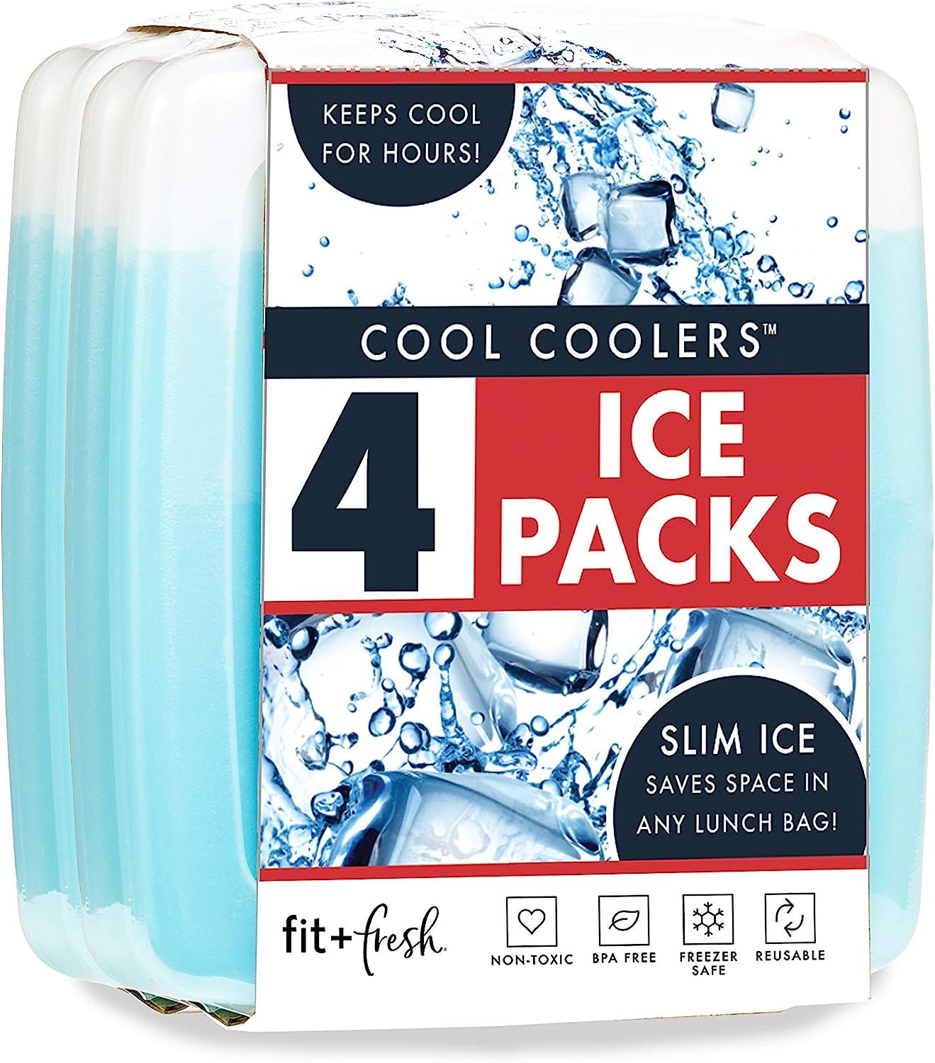 Cool Coolers By Fit & Fresh 4 Pack Slim Ice Packs, Quick Freeze Space Saving Reusable Ice Packs for Lunch Boxes or Coolers, Blue