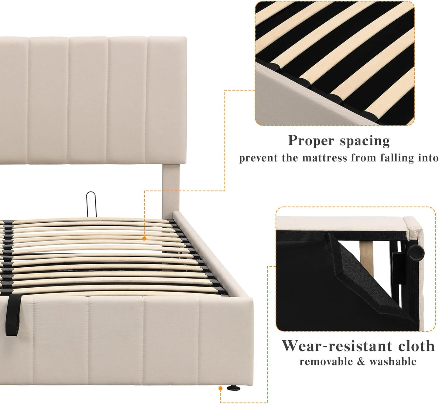 Merax Gas Lift Up Storage Platform Bed Frame Upholstered Queen Size beds with Tufted Headboard Wooden Slat Support and Under Bed Storage,Beige