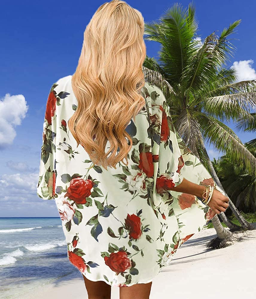 Women's Floral Print Puff Sleeve Kimono Cardigan Loose Cover Up Casual Blouse Tops