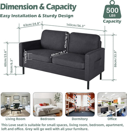 STHOUYN 56" W Fabric Loveseat Sofa with 2 USB, Small Couches for Living Room, Bedroom, Office, Easy Assembly & Comfy Cushion, Dark Grey