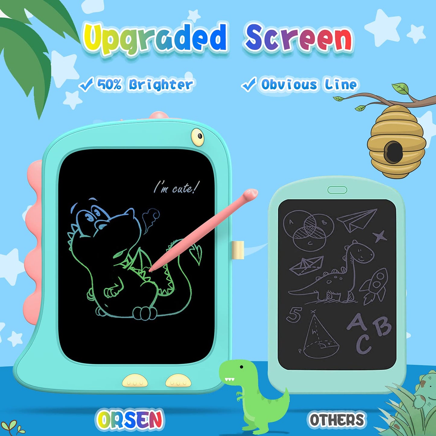 ORSEN 8.5 Inch LCD Doodle Board Tablet Toy - Green Dinosaur Drawing Pad for Kids 2-6 Years Old - Christmas and Birthday Gifts