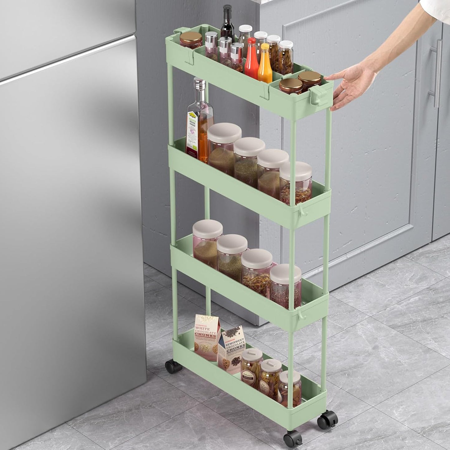 SPACELEAD Slim Storage Cart 4 Tier, Storage Organizer Rolling Utility/Mobile Shelving Unit Slide Out Storage Cart for Office, Bathroom, Kitchen, Laundry Room & Narrow Places， Green