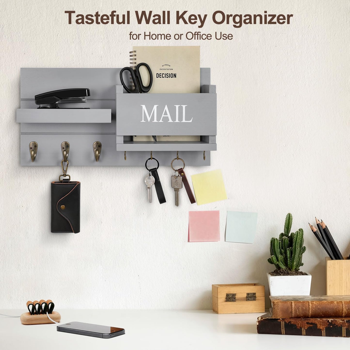 Mail Organizer for Wall Mount – Key Holder with Shelf includes Letter Holder and Hooks for Hallway Farmhouse Decor – Rustic Wood with Flush Mounting Hardware (16.5” x 9.1” x 3.4”) (Black)