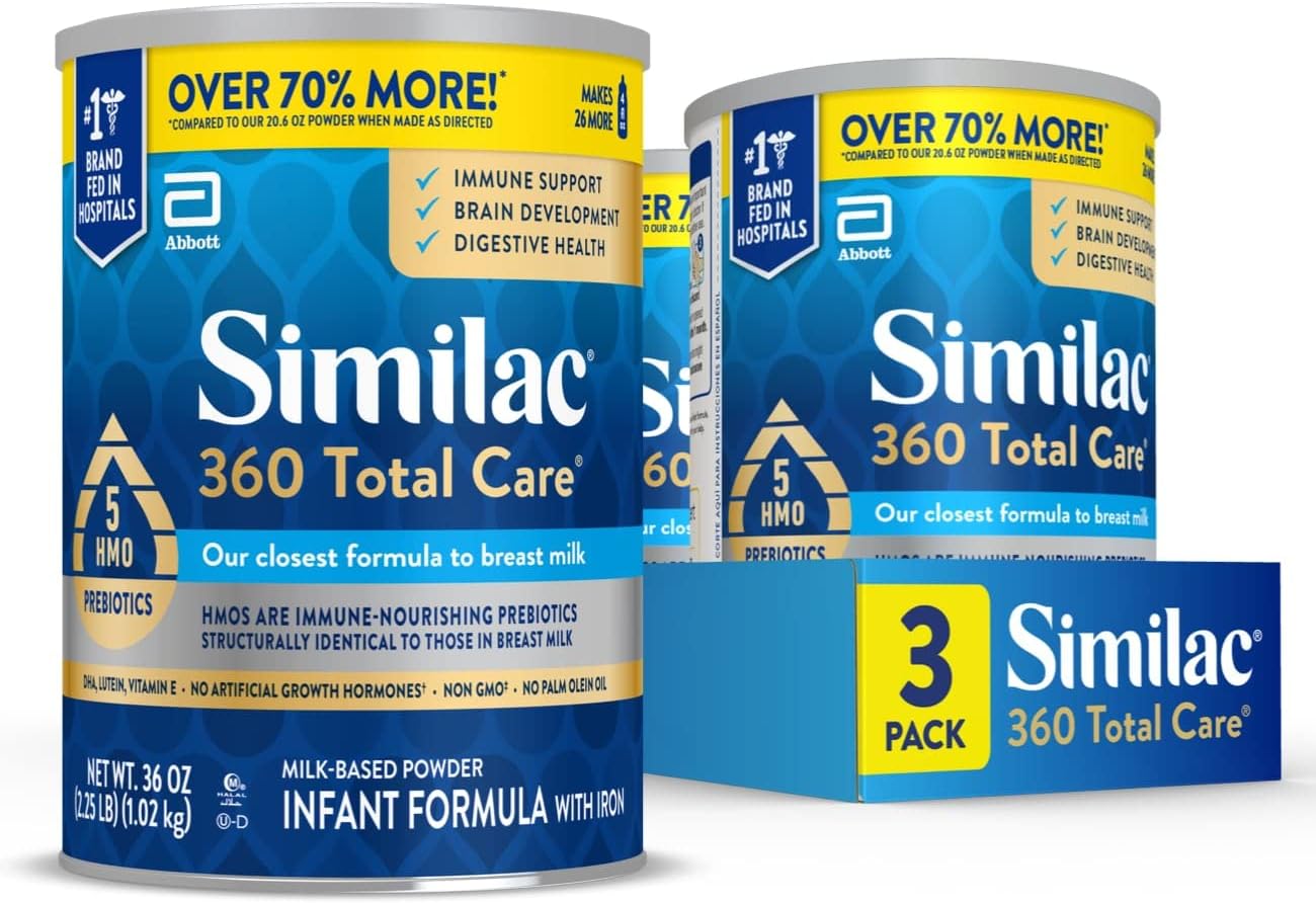 Similac 360 Total Care Infant Formula, Has 5 HMO Prebiotics, Our Closest Prebiotic Blend to Breast Milk, Non-GMO,‡ Baby Formula Powder, 36-oz Value Can, Pack of 3