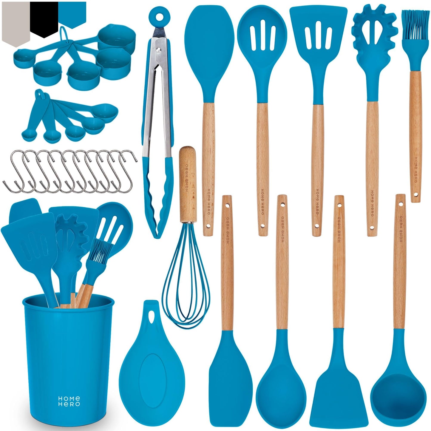 Home Hero 33 Pcs Silicone Kitchen Utensils Set, Non-Stick Silicone Cooking Utensils Set with Spatula, Wooden Handle Spatula, Silicone Kitchen Gadgets Utensil Set (33 Pcs - Blue)