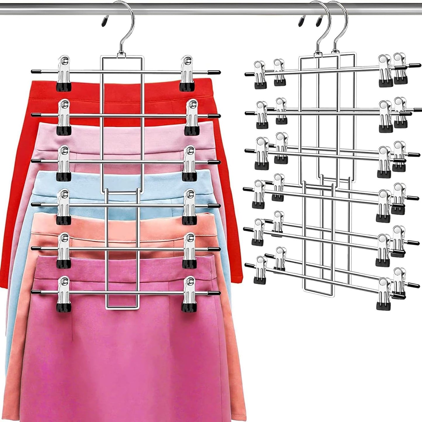 Hangers,Pants Hangers,Space Saving Hanging Closet Organizer - 6 Tiers Skirt Hangers with 360° Swivel Hook,Hangers Space Saving with Clips,closet organizers and storage -Clothes Hangers- 2 Pack