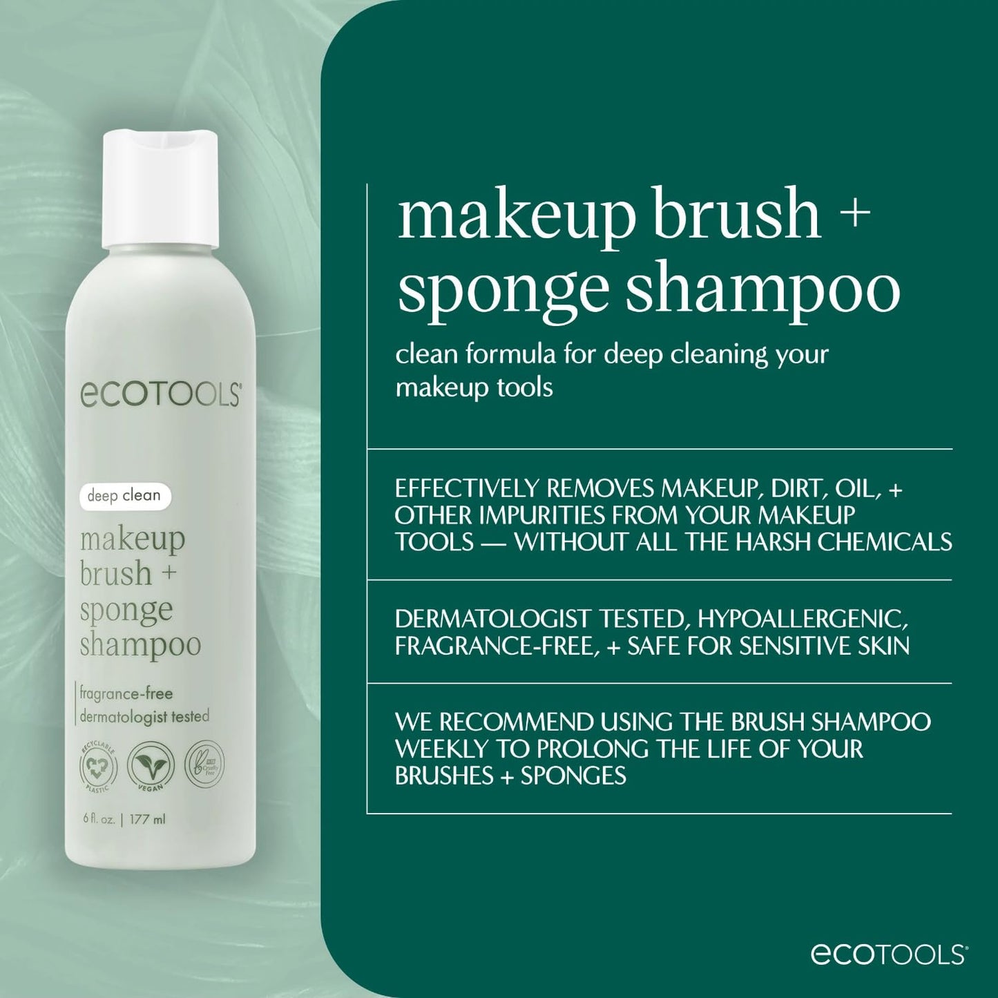 EcoTools Makeup Brush + Sponge Shampoo, Remove Makeup & Impurities From Brushes, Sponges, & Puffs, Fragrance-Free Brush Cleanser, No Harsh Chemicals, Vegan, & Cruelty-Free, 6 fl.oz./ 177 ml, 1 Count