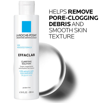 La Roche-Posay Effaclar Clarifying Solution Acne Toner with Salicylic Acid and Glycolic Acid, Pore Refining Oily Skin Toner, Gentle Exfoliant to Unclog Pores and Remove Dead Skin Cells