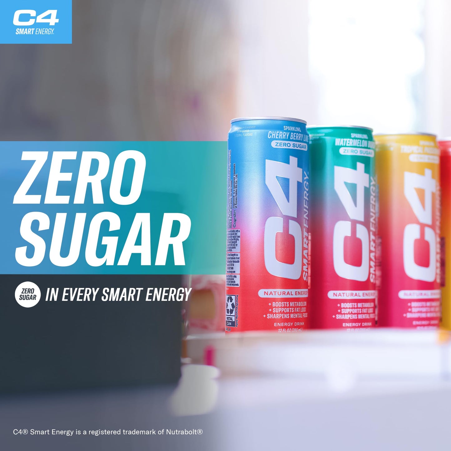 C4 Smart Energy Drink – Boost Focus and Energy with Zero Sugar, Natural Energy, and Nootropics - 200mg Caffeine - Cherry Berry Lime (12oz Pack of 12)