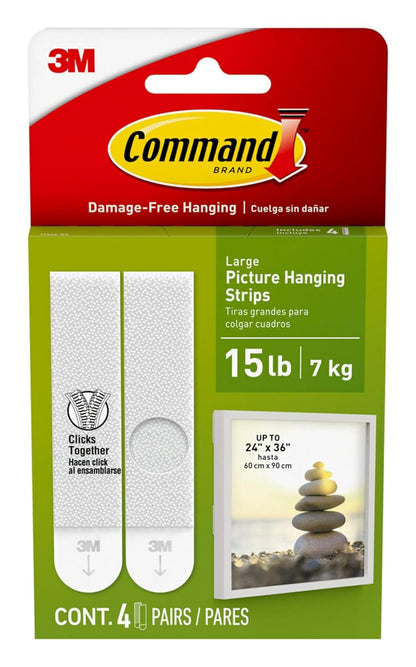 Command Large Picture Hanging Strips, Damage Free Hanging Picture Hangers, No Tools Wall Hanging Strips for Living Spaces, 4 White Adhesive Strip Pairs