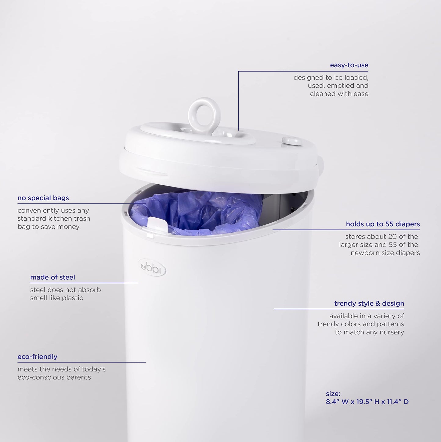 Ubbi Steel Diaper Pail, Odor Locking, No Special Bag Required, Award-Winning, Registry Must-Have, White