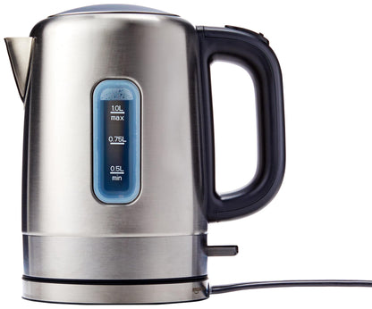 Amazon Basics Electric Kettle, Stainless Steel, Portable Fast-Boiling, Tea Kettle for Boiling Water, for Tea and Coffee, Auto Shut-Off and Boil Dry Protection, 1 Liter, Black and Silver