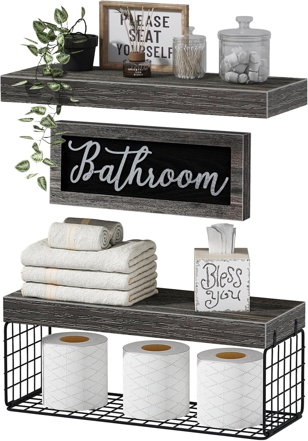 QEEIG ‎Bathroom Furniture Sets Shelves Over Toilet Paper Storage Wall Mounted Farmhouse Decor Decorations Aesthetic Décor Sign Small Floating Wall Shelf 2+1 Set 16 inch, Grey (020GY)