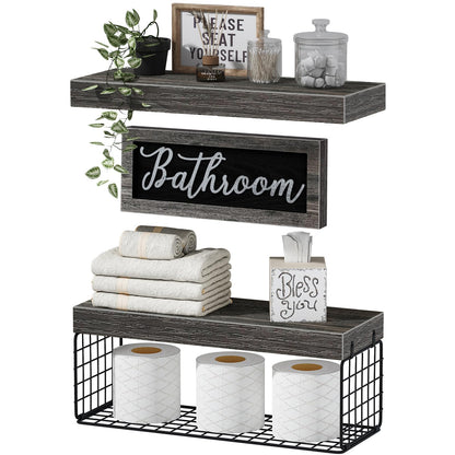 QEEIG ‎Bathroom Furniture Sets Shelves Over Toilet Paper Storage Wall Mounted Farmhouse Decor Decorations Aesthetic Décor Sign Small Floating Wall Shelf 2+1 Set 16 inch, Grey (020GY)