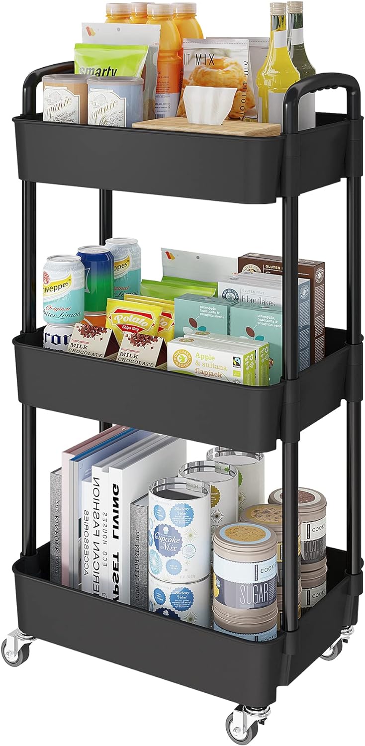 Laiensia 3-Tier Kitchen Storage Cart,Multifunction Utility Rolling Storage Organizer,Mobile Shelving Unit Cart with Lockable Wheels for Bathroom,Laundry,Living Room,With Classified Stickers,Black