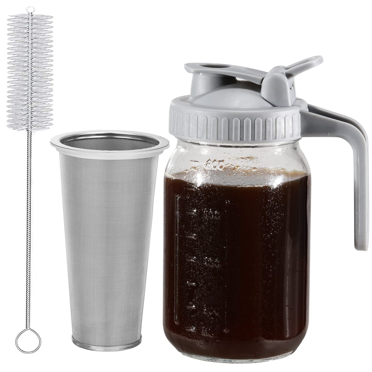 Cold Brew Coffee Maker Pitcher, 64 Oz Heavy Duty Wide Mouth Glass Mason Jar pour spout Lid with Stainless Steel Filter for Iced Coffee, Ice Lemonade, Fruit Drinks, Sun Tea