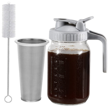 Cold Brew Coffee Maker Pitcher, 64 Oz Heavy Duty Wide Mouth Glass Mason Jar pour spout Lid with Stainless Steel Filter for Iced Coffee, Ice Lemonade, Fruit Drinks, Sun Tea